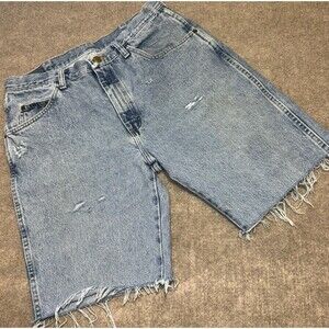 Wrangler Jean Shorts Jorts Mens 33 Blue Cut Off Grunge Light Distressed Frayed